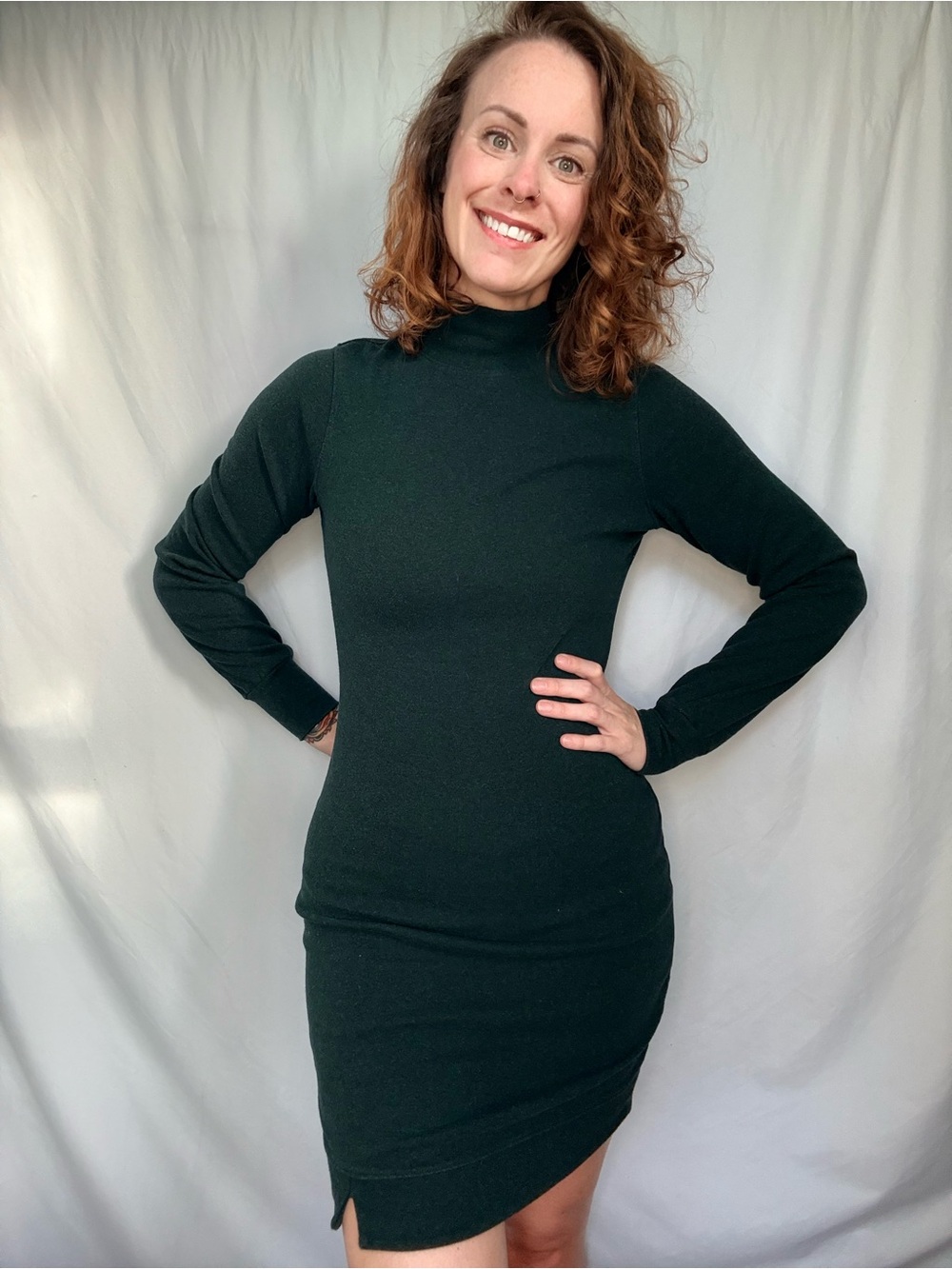 The Normal Brand Dark Green Long Sleeve Mock Neck Dress